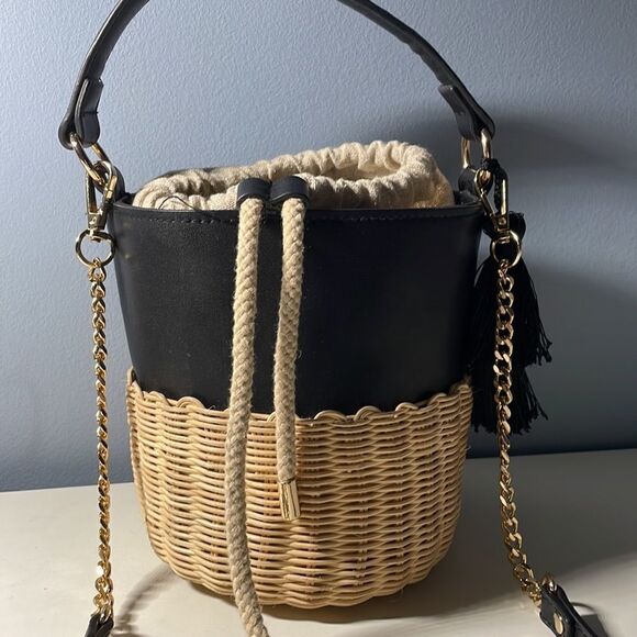 Aldo Aceille Straw Faux Leather Bucket Purse Black - Picture 8 of 9